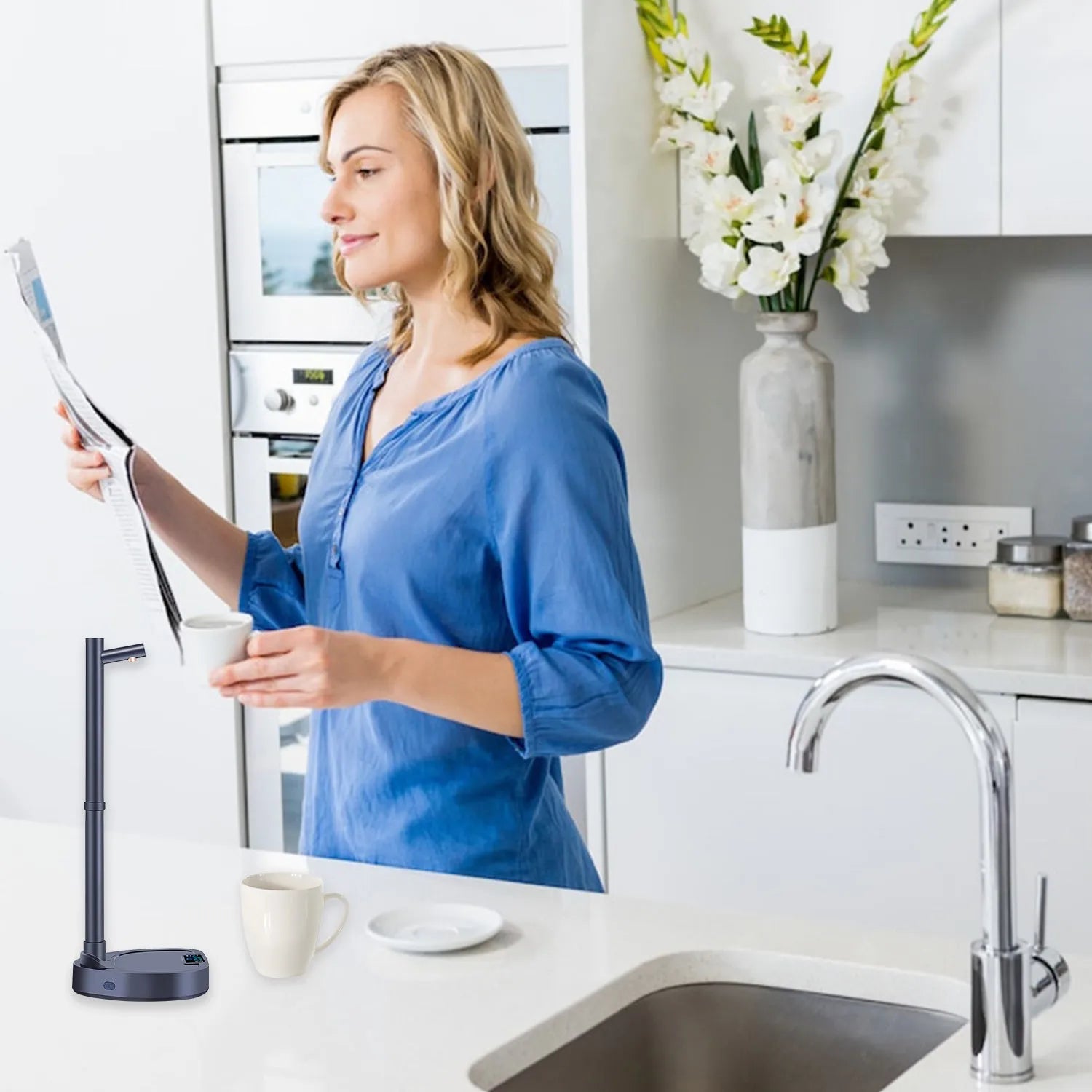White and blue automatic desktop water dispenser pump with stand and extension pipe.