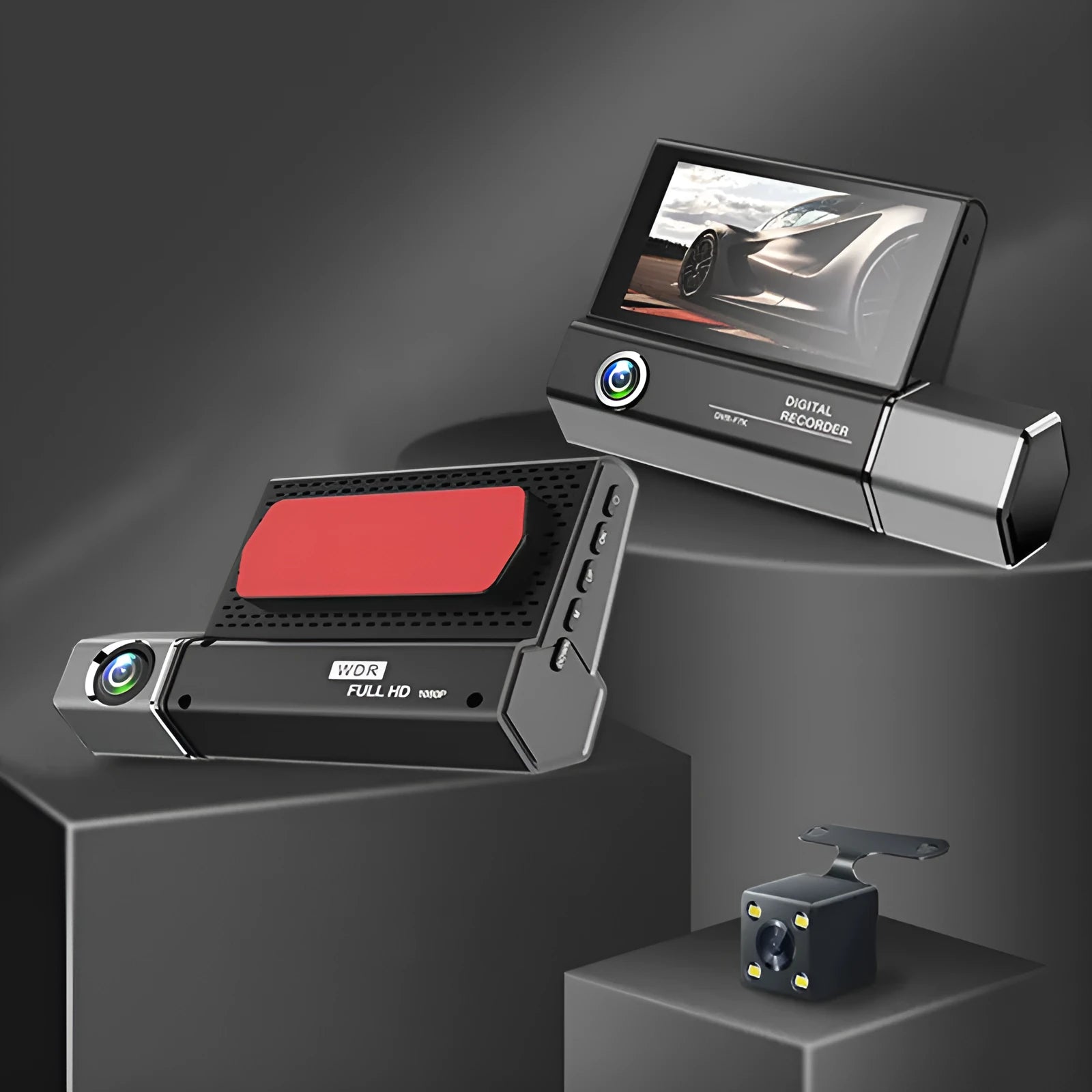 Black 3-lens car dash camera with touch screen for HD 1080P recording.