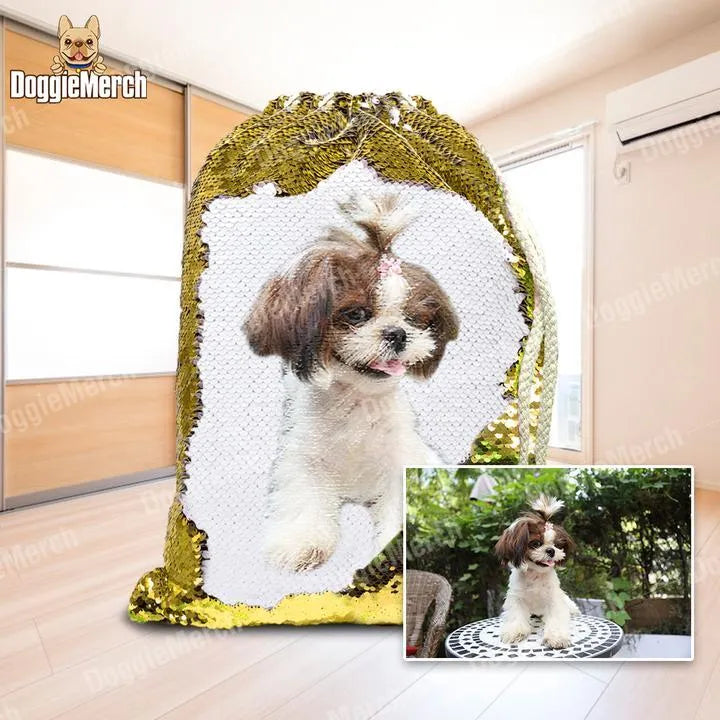 Custom purple sequins backpack featuring a printed photograph of a dog, showing drawstring top.