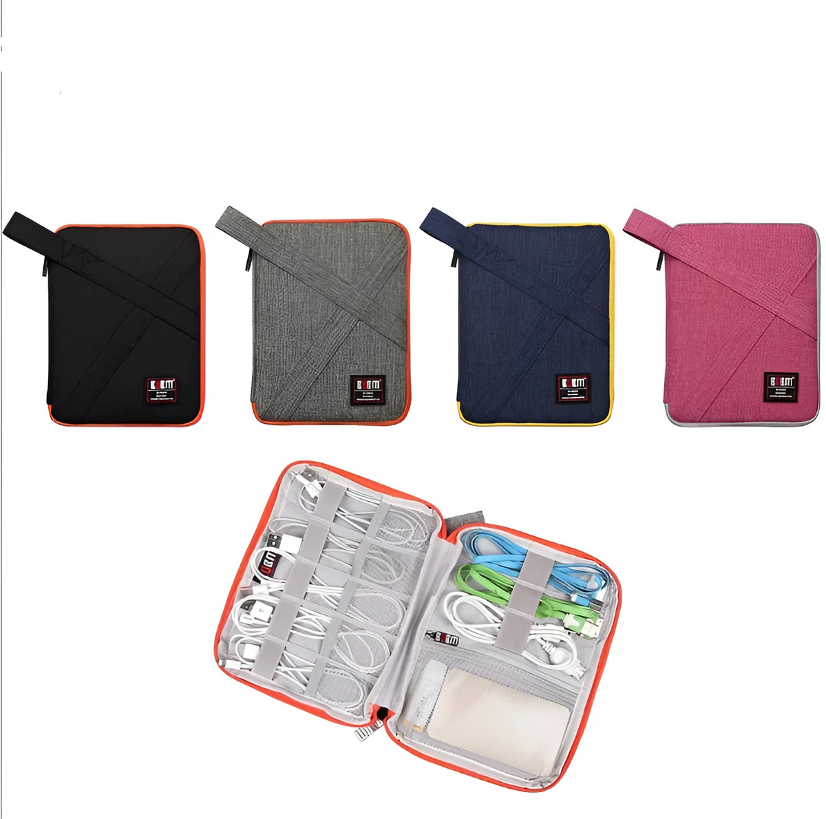 BUBM universal cable organiser in black, double layer XL, for USB cables and Apple iPhone accessories