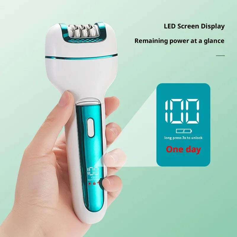 Women's USB-powered 3-in-1 hair removal set with stainless steel blade, gold colour, on white background