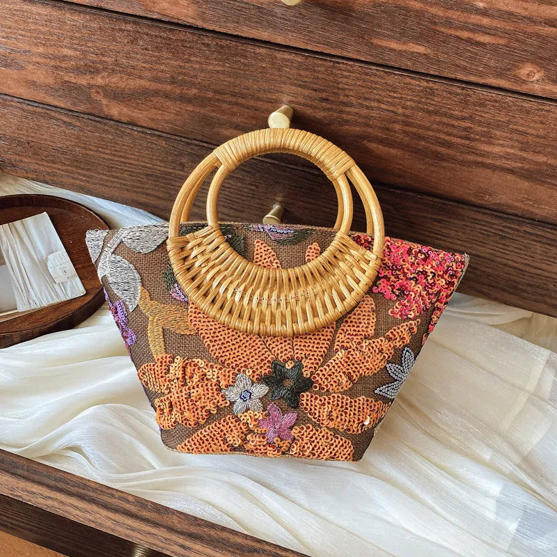 Cotton and linen cylindrical bag with sequin and bamboo joint embroidery, medium soft, light purple colour, three-dimensional pocket