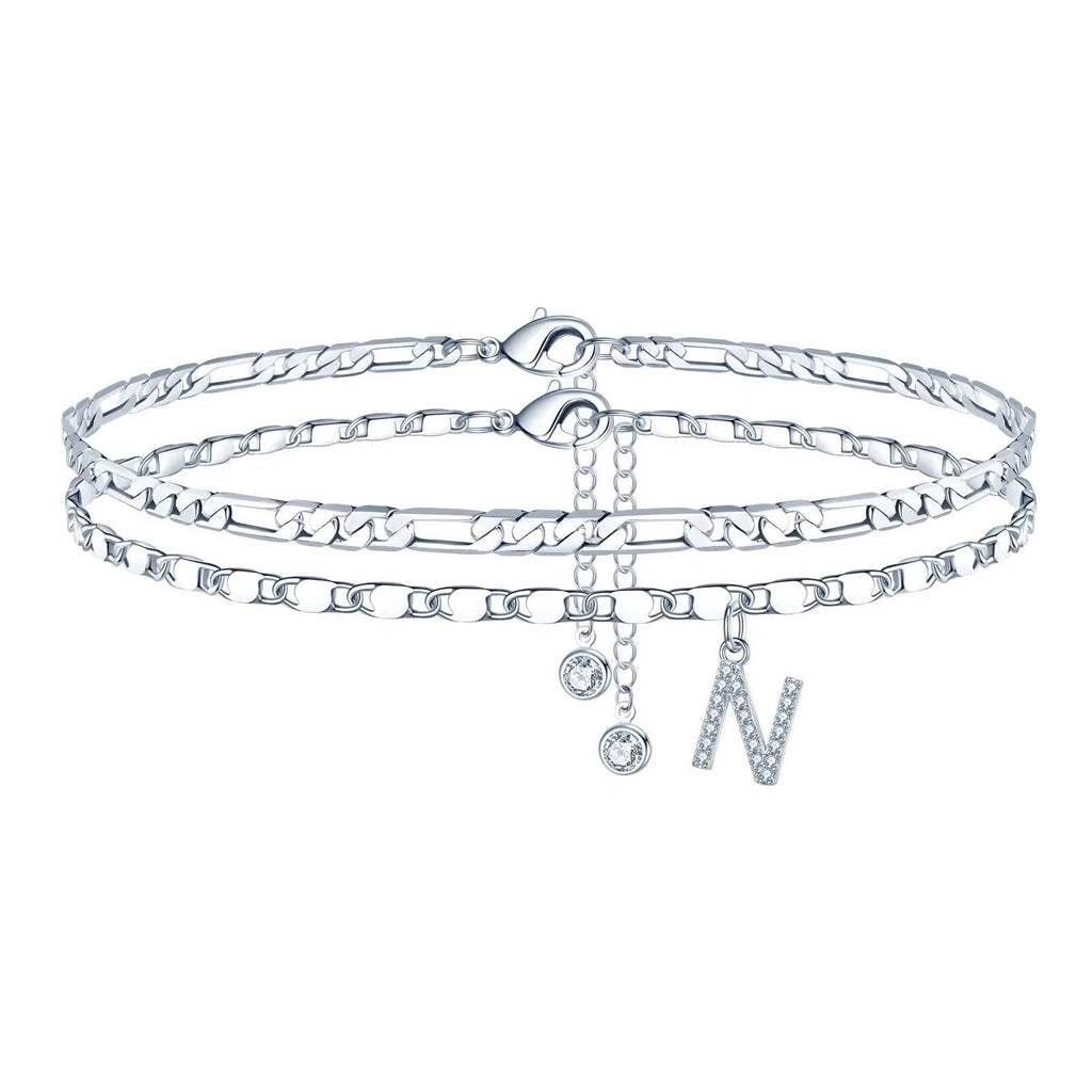 Copper double circle anklet with bead design and letter styling options in silver colour