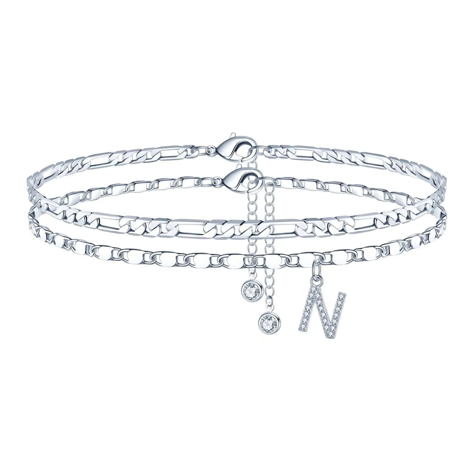 Copper double circle anklet with bead design and letter styling options in silver colour