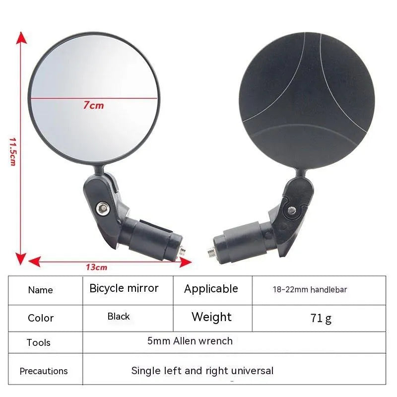 Black foldable convex rearview mirror with 7cm diameter and rotating joint.