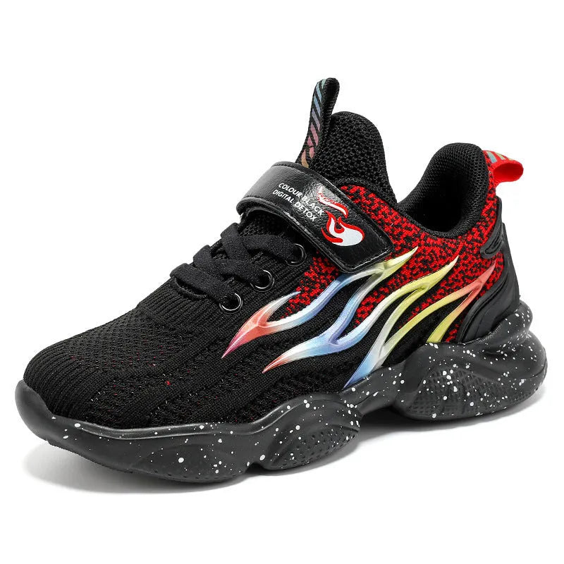 Boys sneakers with mesh upper in beige, black gold, and black red colours showing anti-slip sole