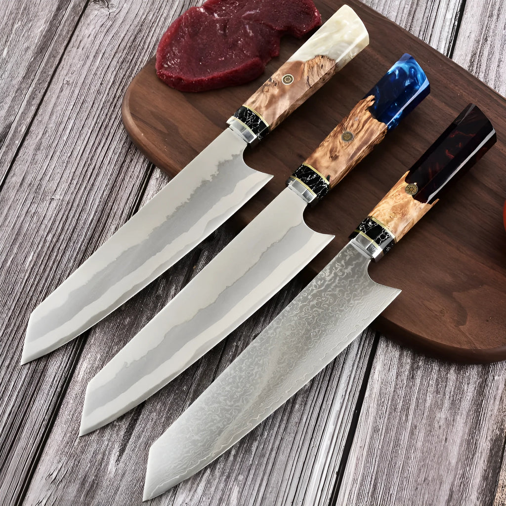 Stainless steel chef knife with 440C blade and turquoise resin handle on cutting board