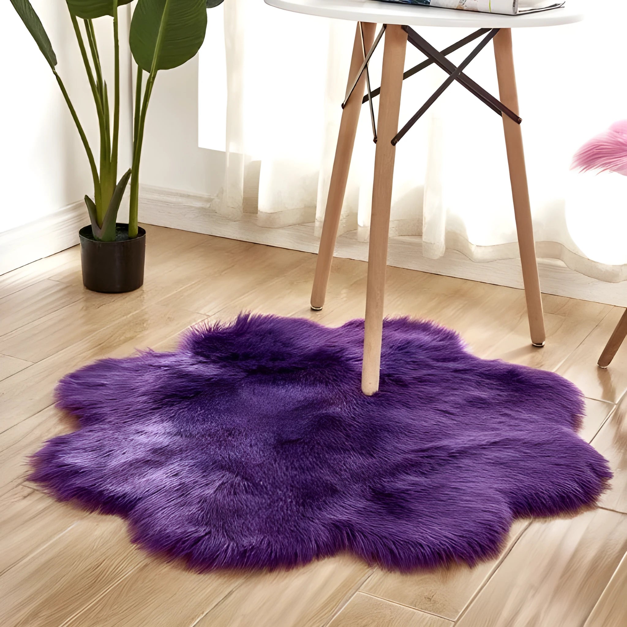 Artificial woolen floral shape plush carpet rug in beige – 45x45cm size