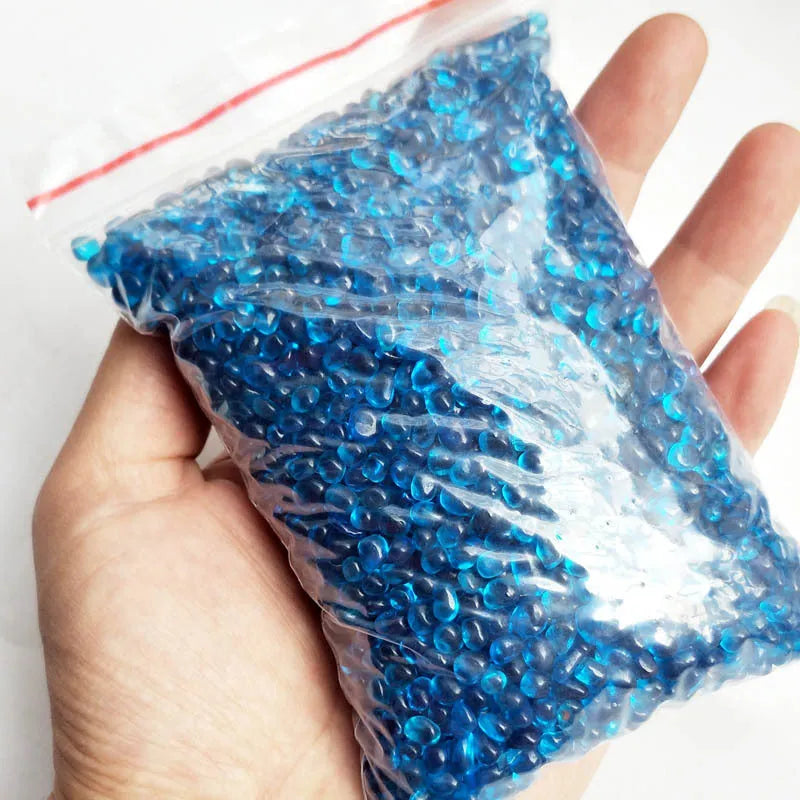Round glass sand beads in sea blue colour, 3-6mm particles, for aquarium landscaping decoration, 500g pack