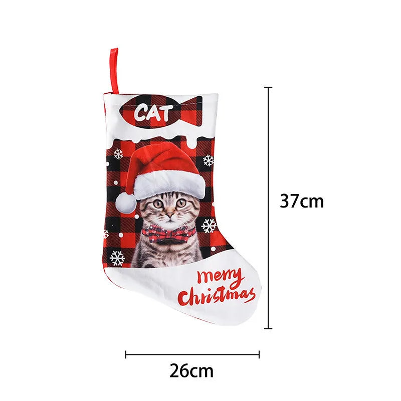 American Christmas fabric decoration panel with puppy and cat prints in traditional plaid colours