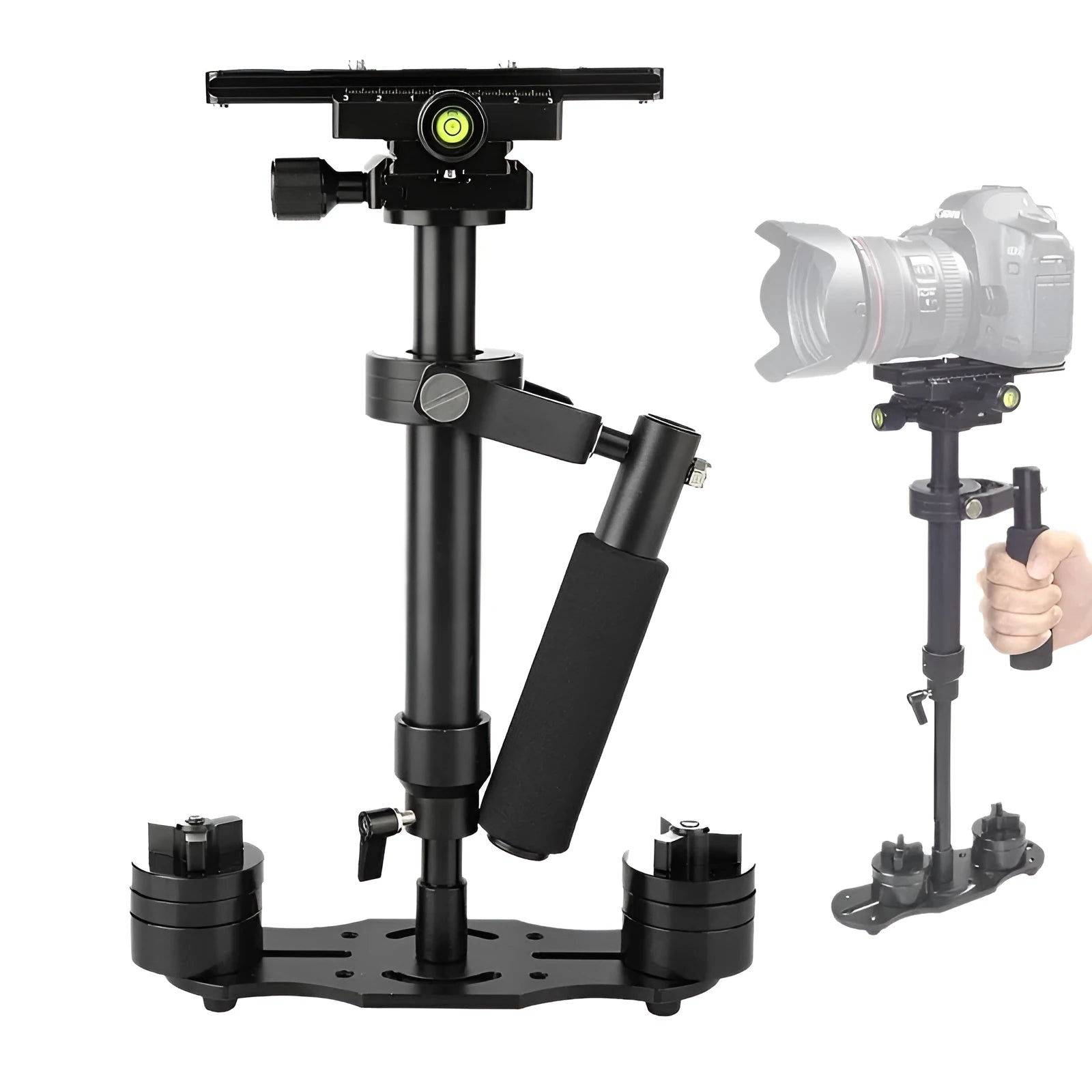 Black S40 and S60 aluminium alloy handheld camera stabiliser with adjustable height.