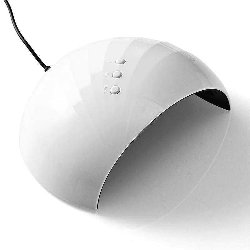 White 36W UV LED nail lamp with 12 beads and USB power socket on a clear background