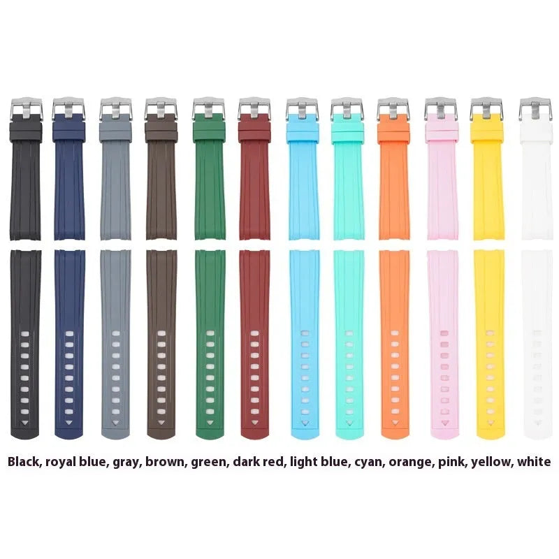 20mm wide watch strap in multiple colours featuring a silver-toned buckle.