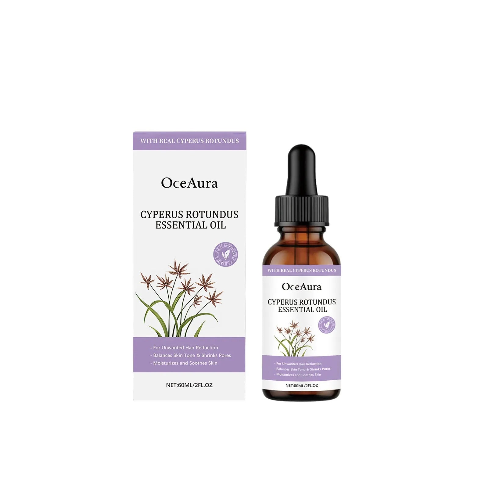 60ml bottle of fragrant hair removal treatment oil with aconite, mint, and lemon extracts