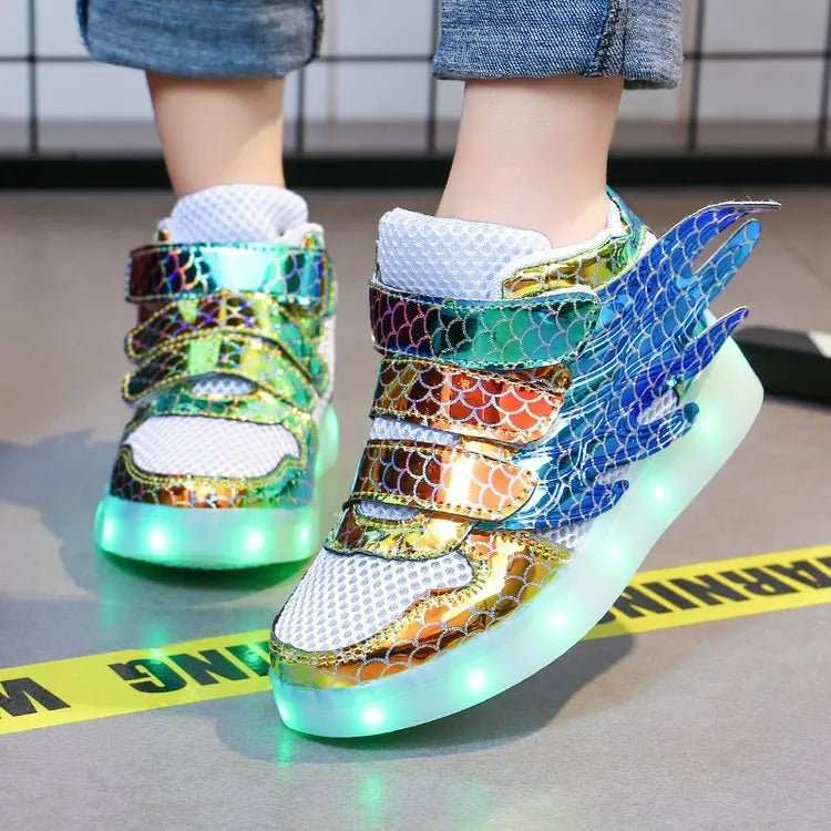 Children's light-up sneakers with glitter wings, artificial leather upper, rubber sole, Velcro strap, USB rechargeable, sizes 24-37