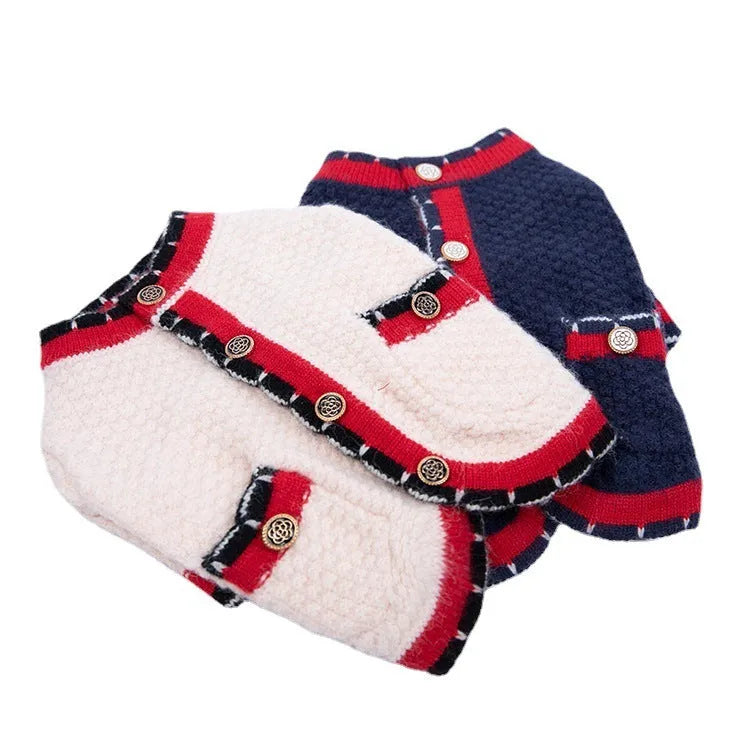 Blue classic style dog cardigan sweater with princess design on mannequin