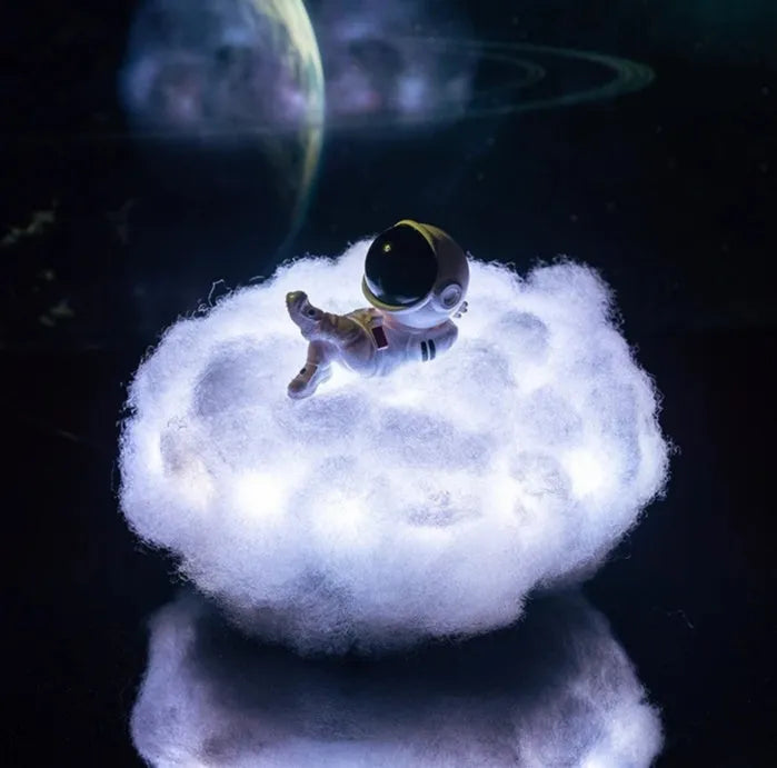 LED astronaut cloud night light with rainbow colours, wooden stand, 15x20cm size