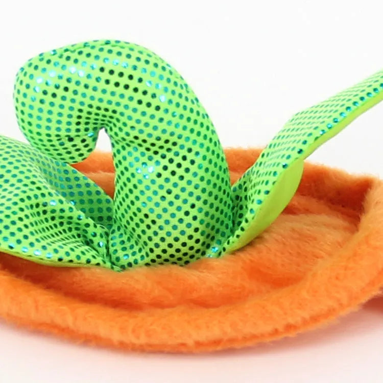 Yellow pumpkin-shaped pet costume with green leaf decoration for cats and small dogs