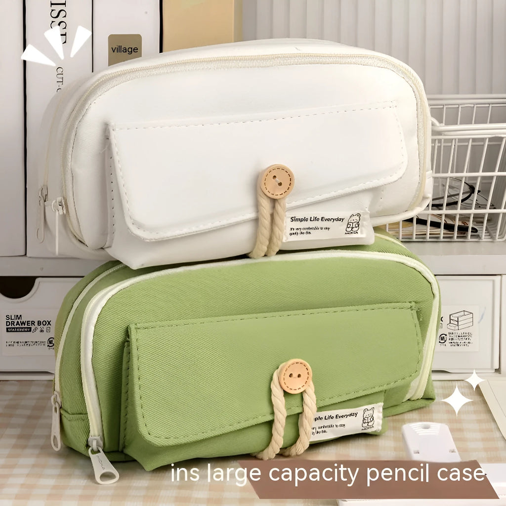 Large capacity canvas pencil case in green, holding multiple pens, simple Korean style design.