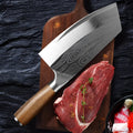 320mm long stainless steel kitchen knife with a 40cr13 blade on a kitchen counter.