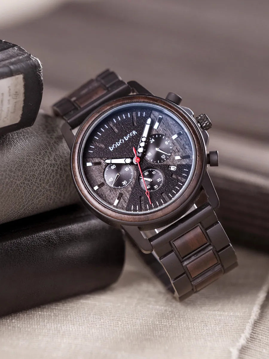 Wooden wrist watch with 44mm metal case, metal band, mineral glass mirror, black colour