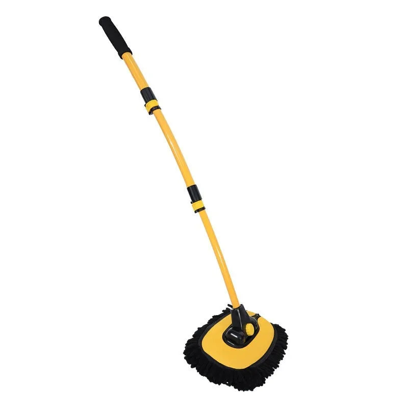 Telescopic curved aluminium car cleaning brush with soft chenille head, shown in yellow and blue colour options.
