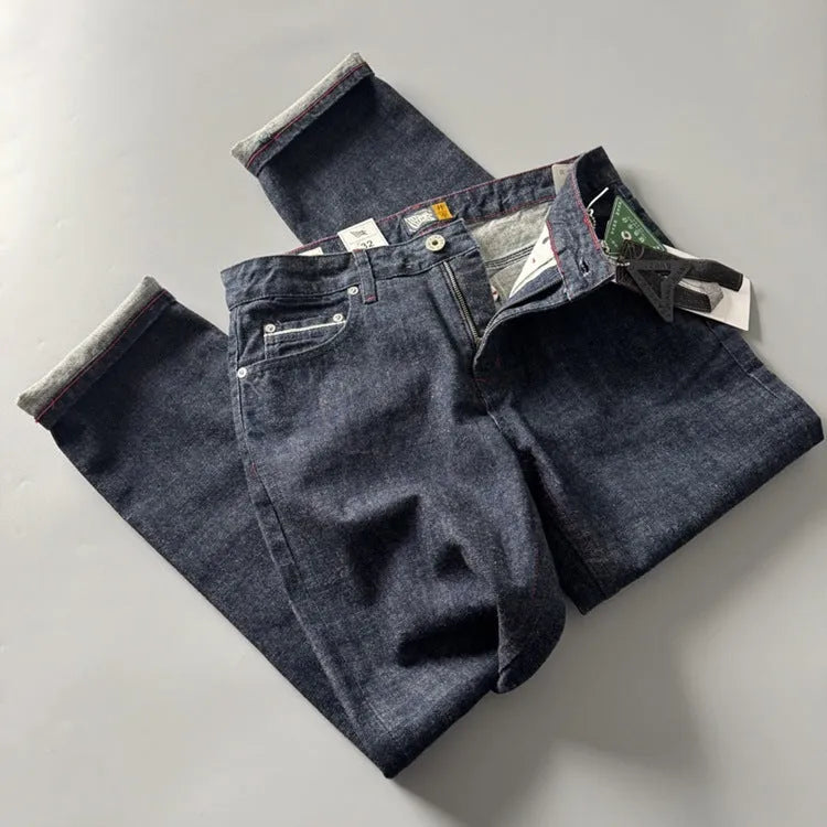 Men's straight leg trousers in cotton denim with American retro styling and mid-rise waist