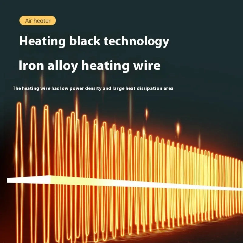 Small white electric space heater on a wooden desktop.