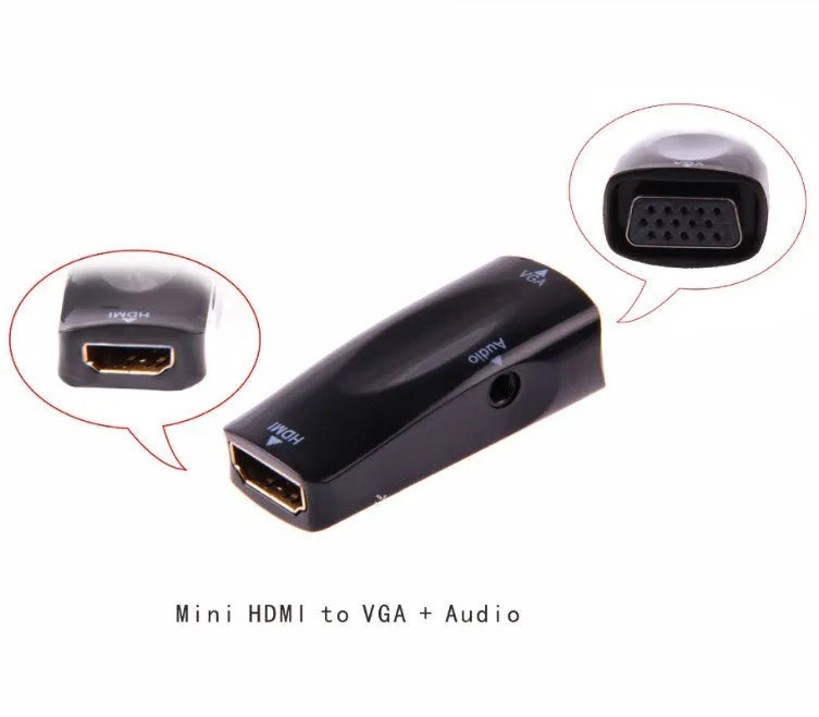 HDMI to VGA adapter converter in black and white showing compact dimensions for laptop and monitor connections