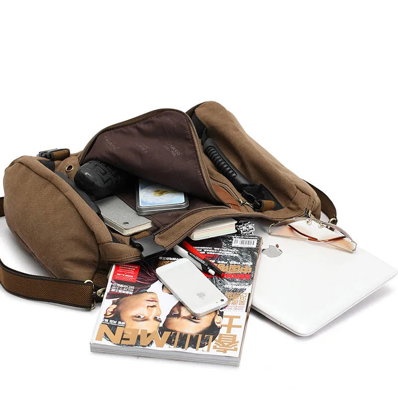 Canvas backpack with square vertical section and side pocket in khaki