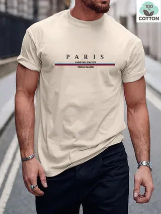 A loose-fit men's short-sleeve T-shirt with a printed letter design, shown in apricot colour.