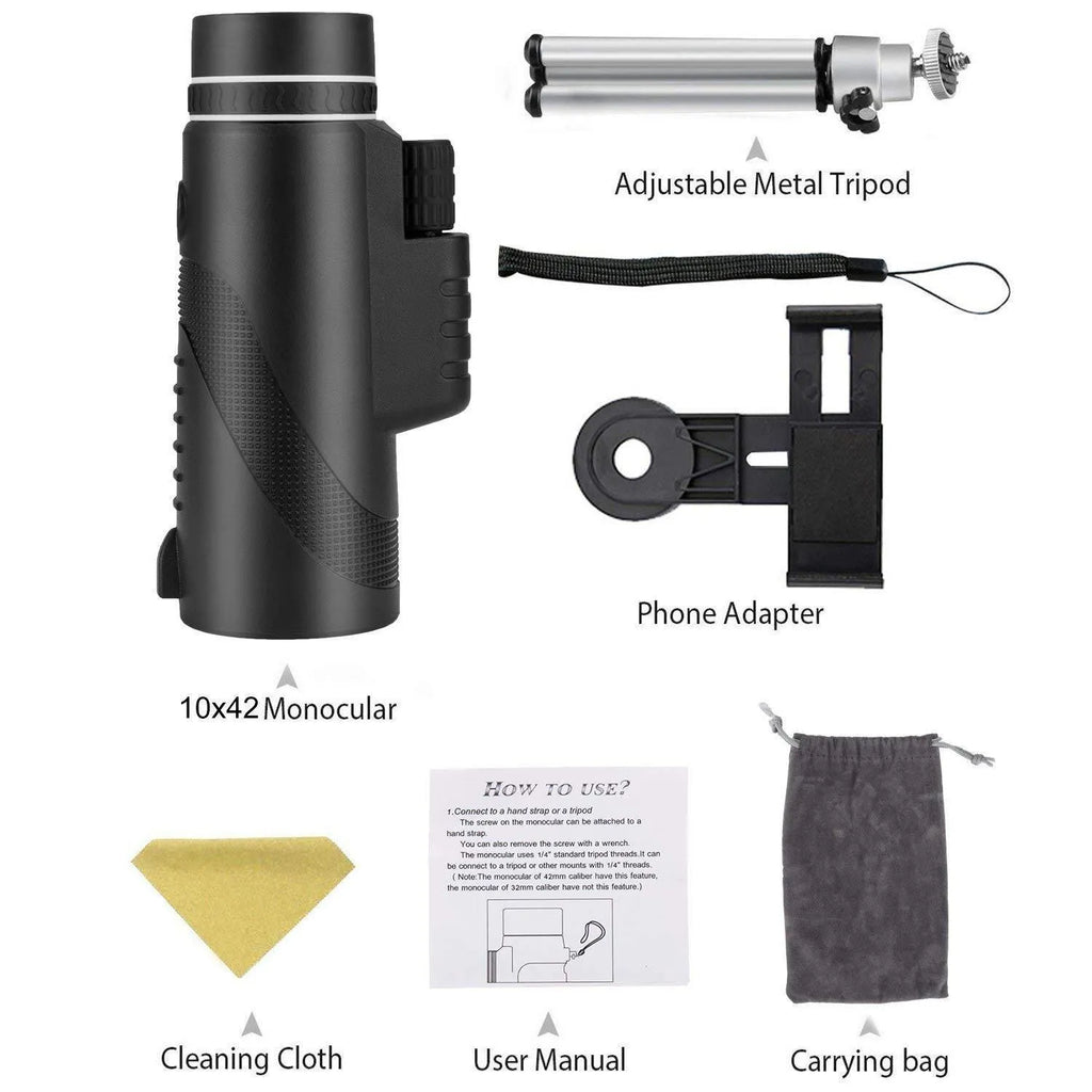 Black HD 40x60 monocular telescope with smartphone mount shown on a table.