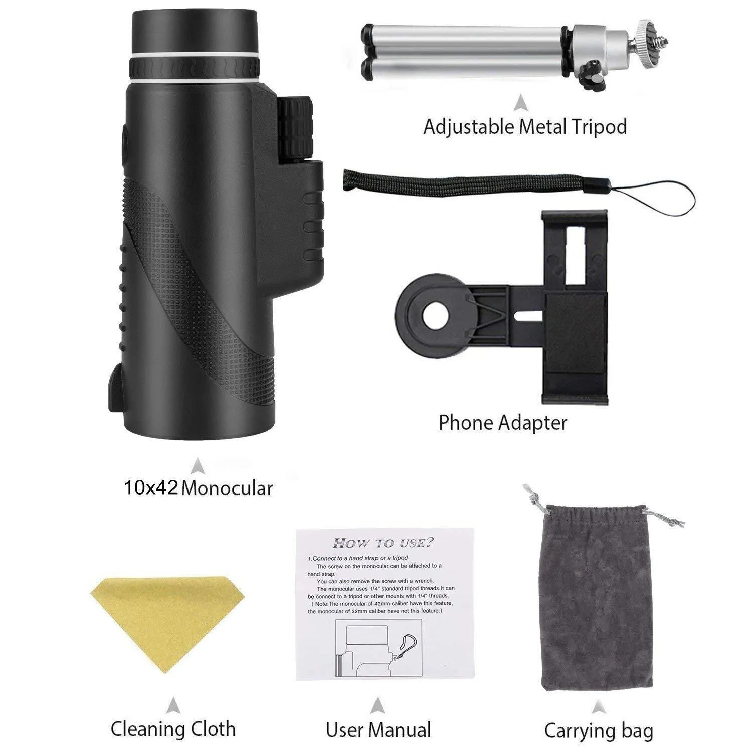 Black HD 40x60 monocular telescope with smartphone mount shown on a table.