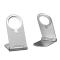 Silver aluminium alloy magnetic bracket holder for iPhone 12 smartphones showing adjustable vertical mounting design