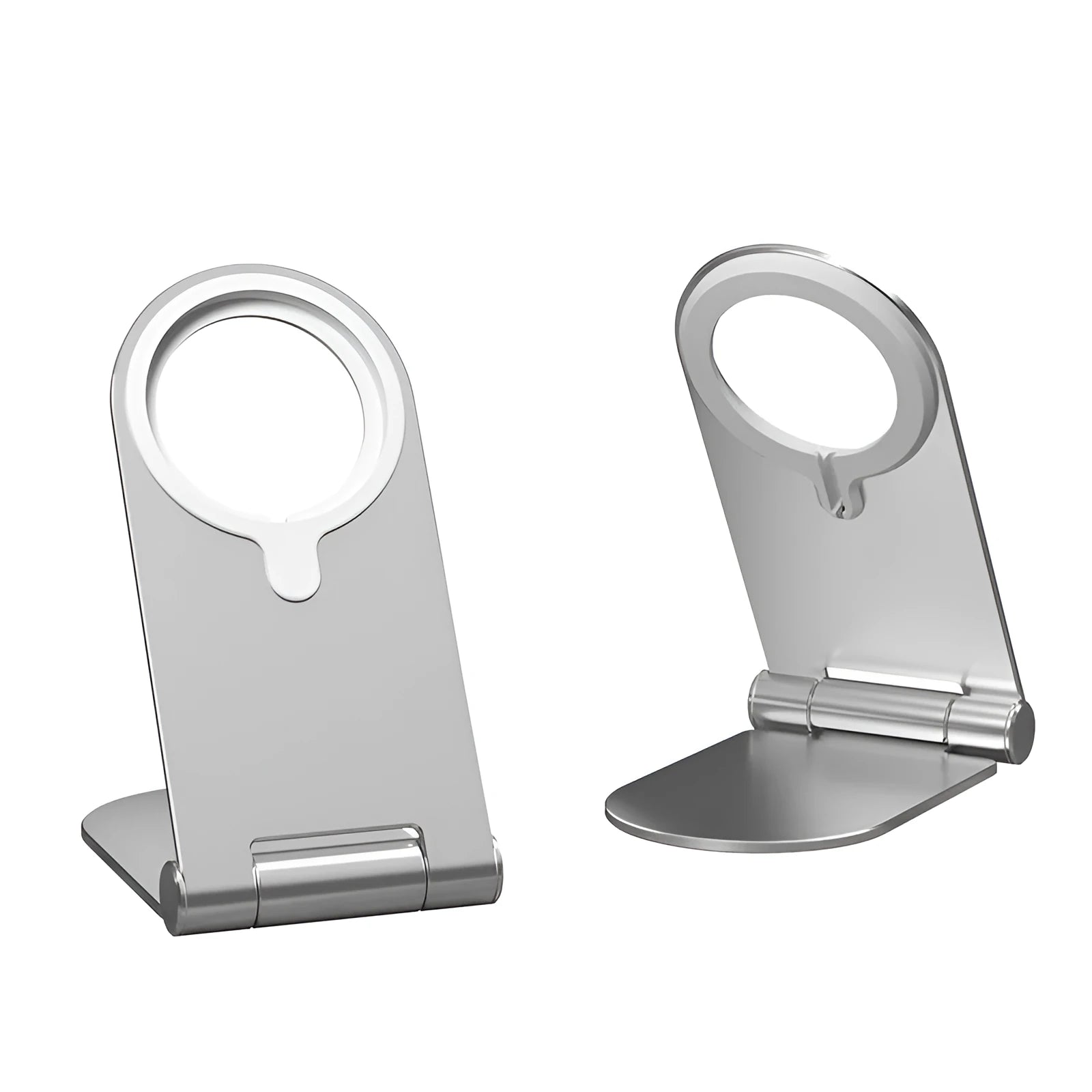 Silver aluminium alloy magnetic bracket holder for iPhone 12 smartphones showing adjustable vertical mounting design