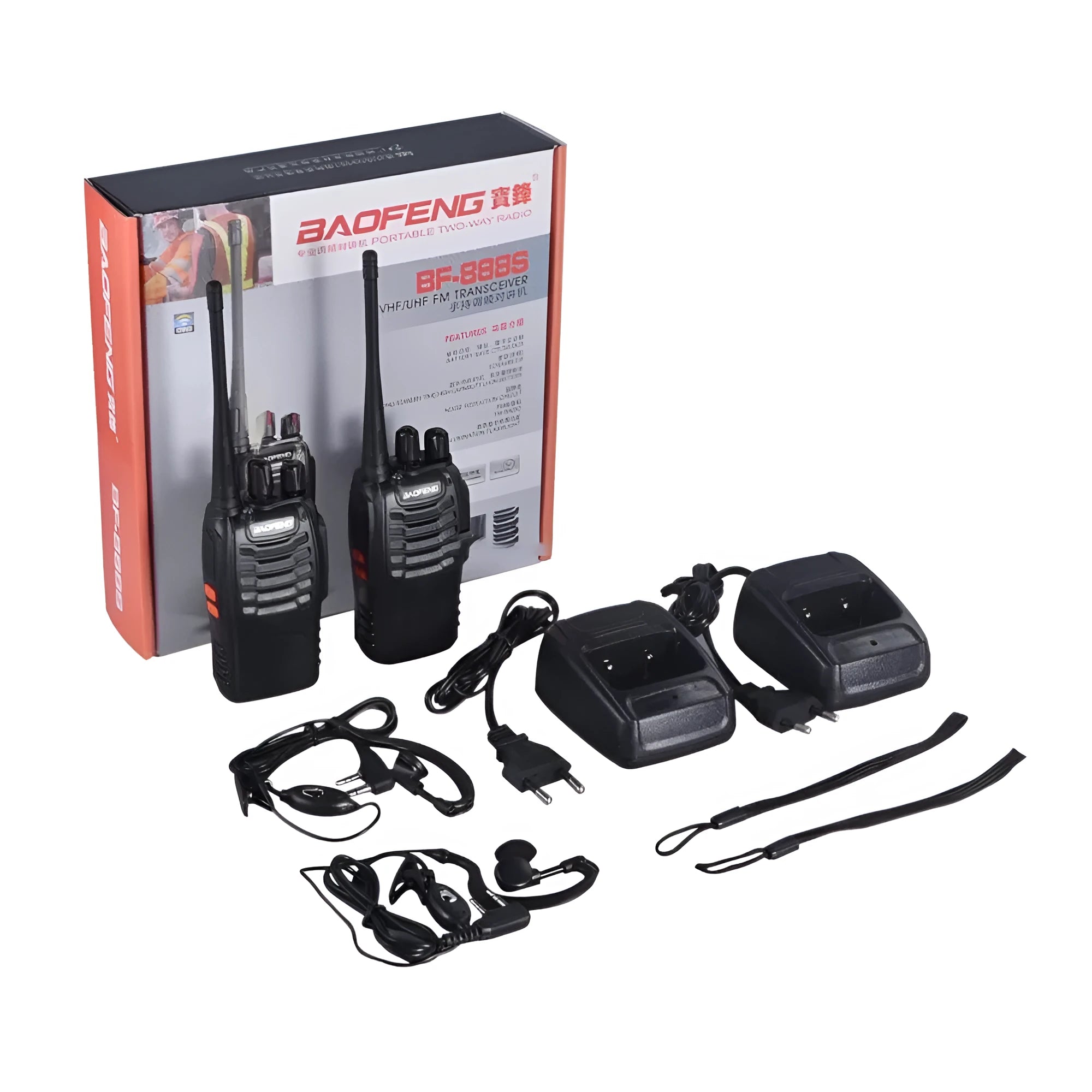 Black BF-888S walkie talkie with antenna and belt clip placed on dark surface