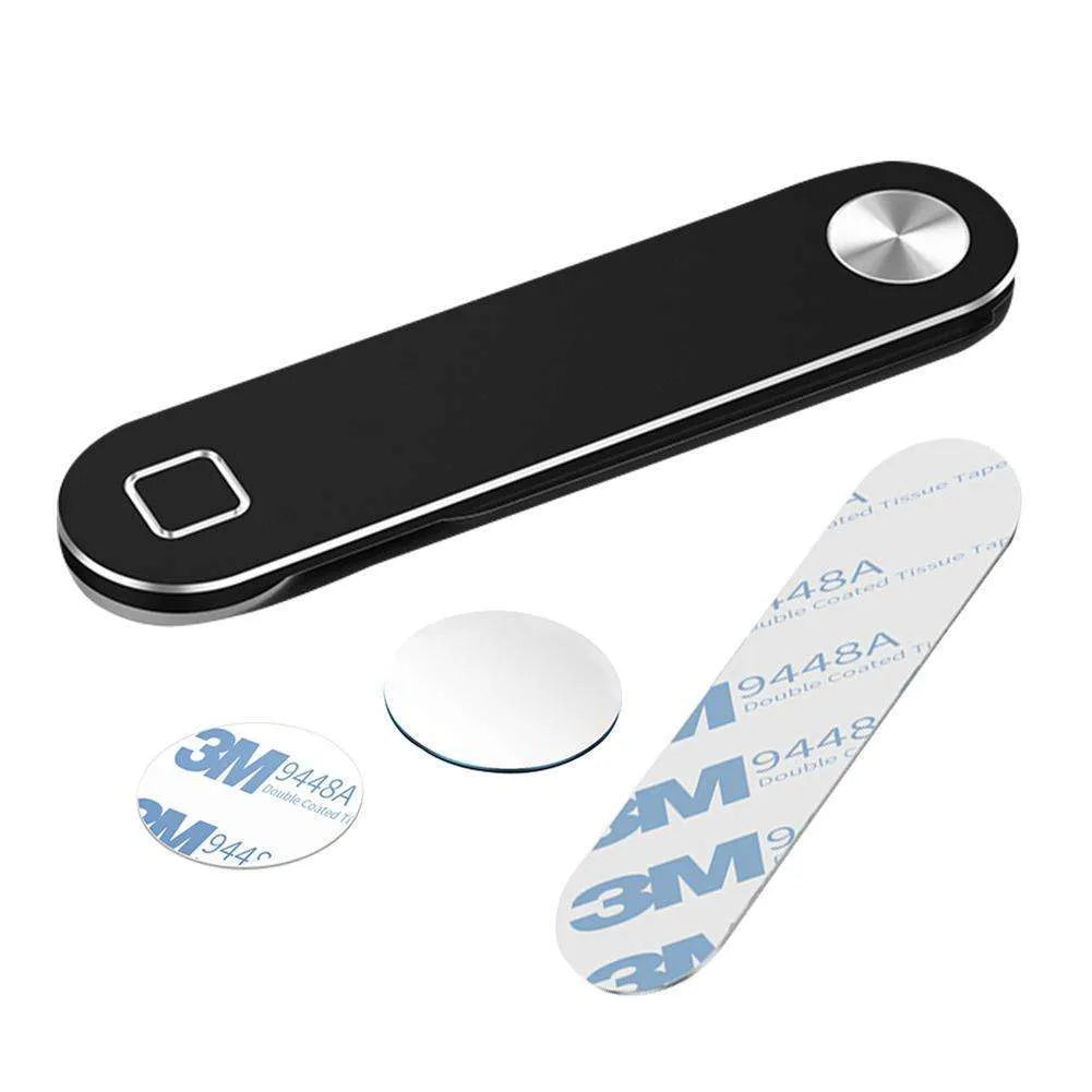 Black magnetic laptop phone holder clip attached to a monitor with a smartphone mounted.