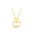 Close-up of a sterling silver peace buckle necklace with a cross chain and ginkgo details, shown in a gold tone.