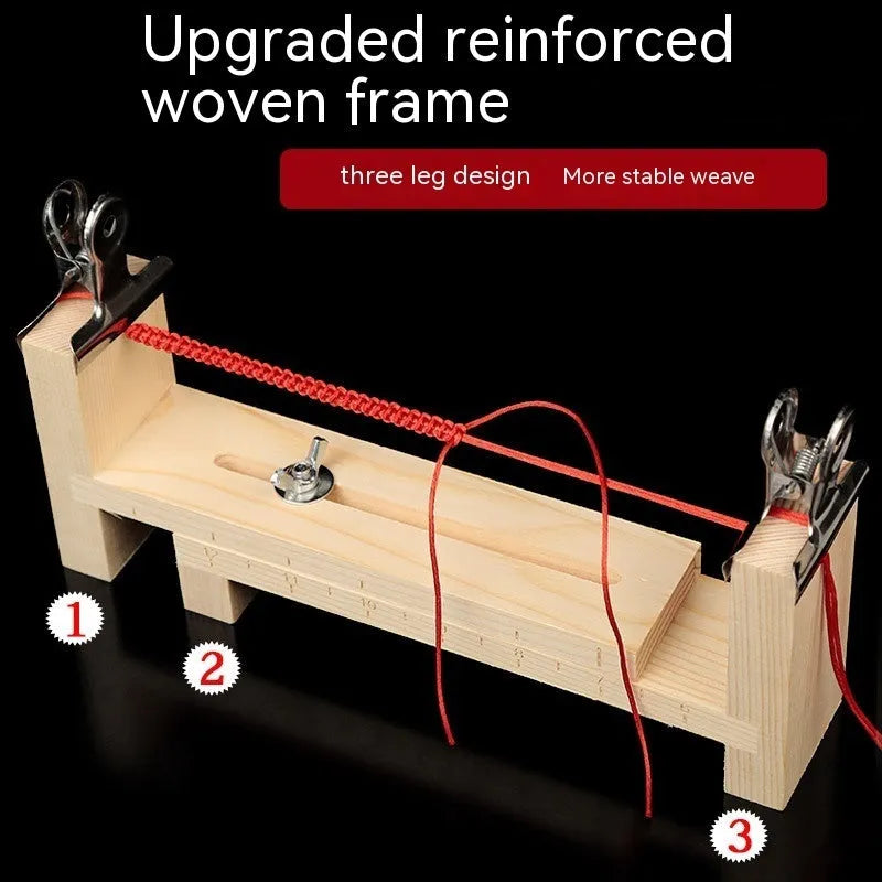 Solid wood handmade weaving machine rack with totem pattern, shown with weaving clips.
