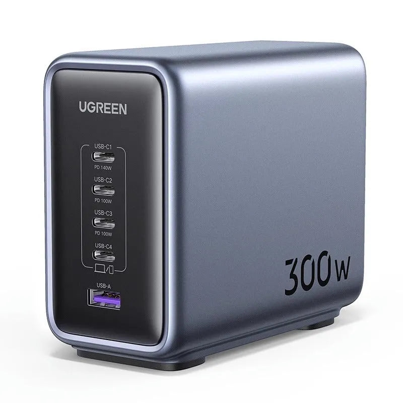 300W charging notebook charger head in Business Gray with 4C 1A interfaces, includes power cord and dual USB-C cable