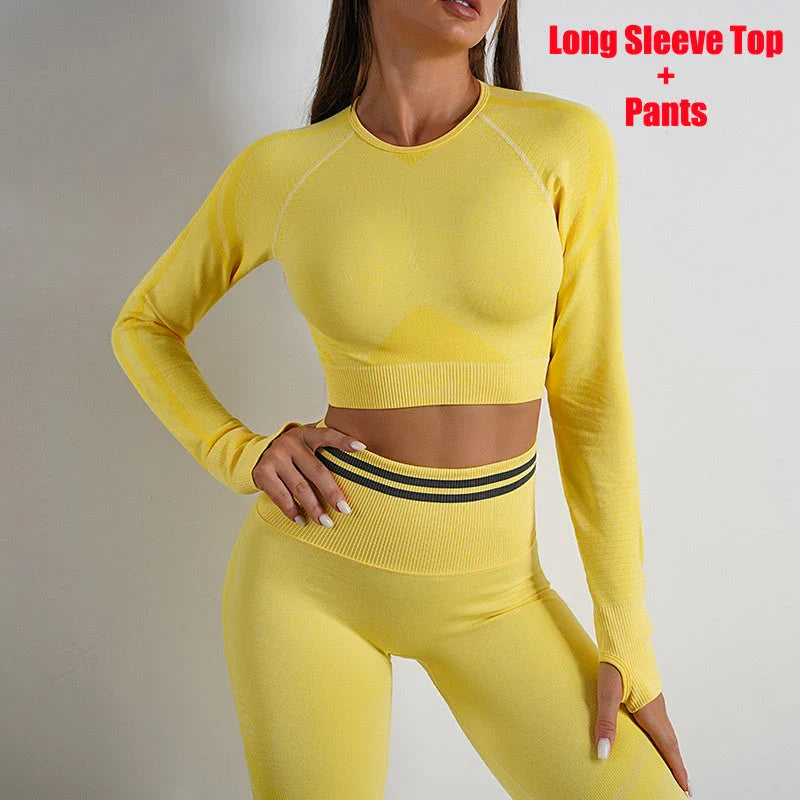 Premium seamless activewear collection featuring nylon tops, leggings, and suits in various colors