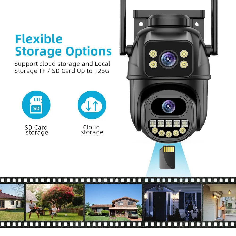 Black binocular gun ball linkage wireless surveillance camera with dual-screen humanoid tracking and hoistable bracket
