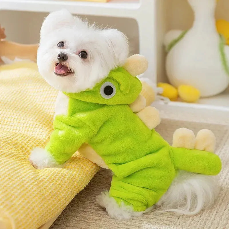 Green fleece dinosaur costume for small dogs with four legs, white chameleon back, and cartoon eyes