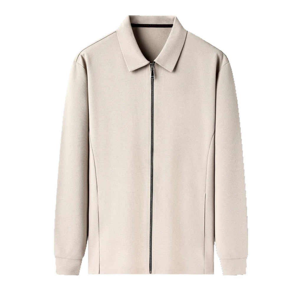 Men's apricot polyester business casual jacket with long sleeves and straight hem.