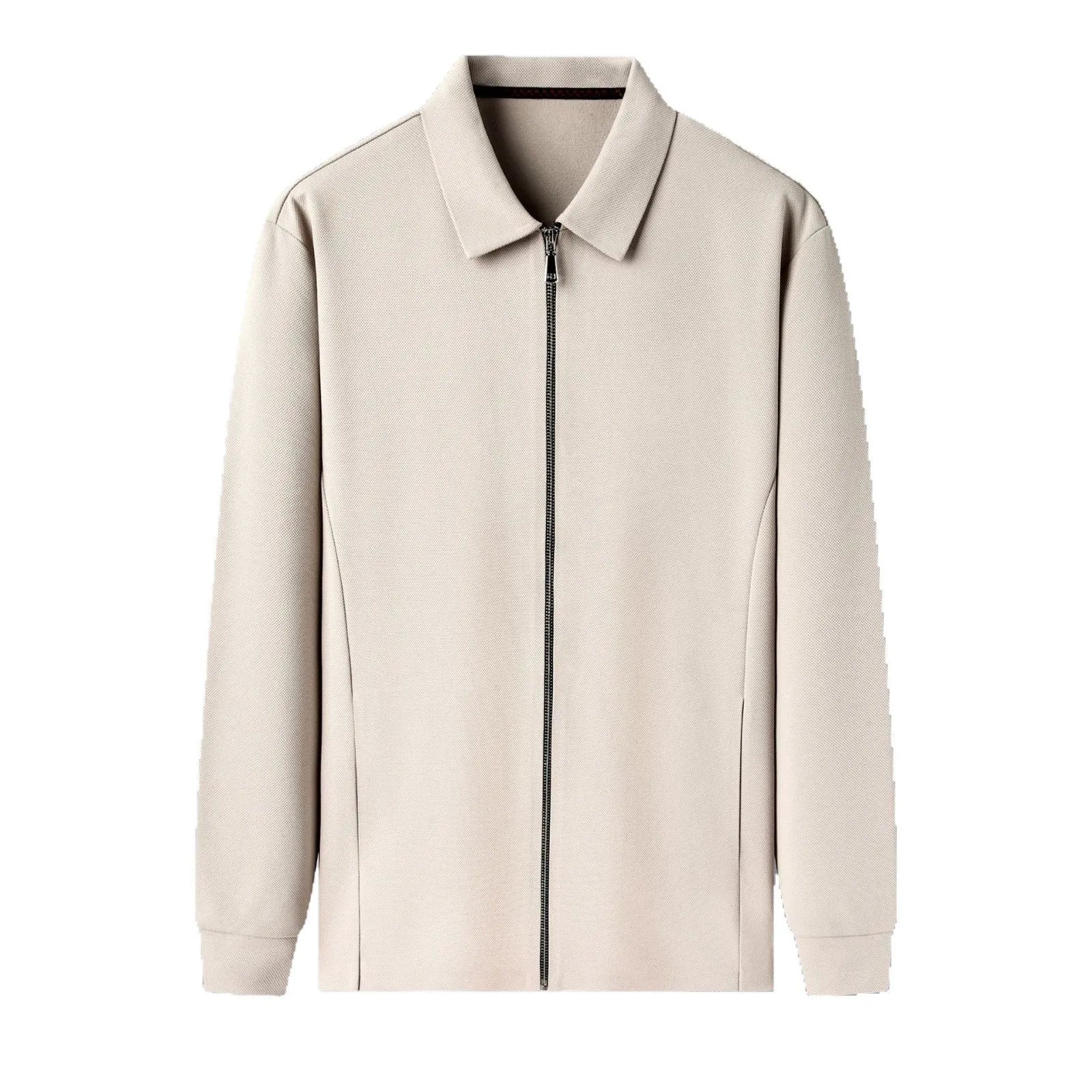 Men's apricot polyester business casual jacket with long sleeves and straight hem.