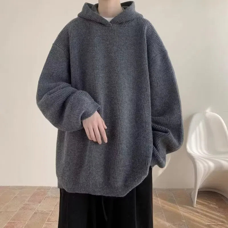 Men's loose fit hooded sweater in gray with long sleeves, shown as a front view pullover knitwear coat