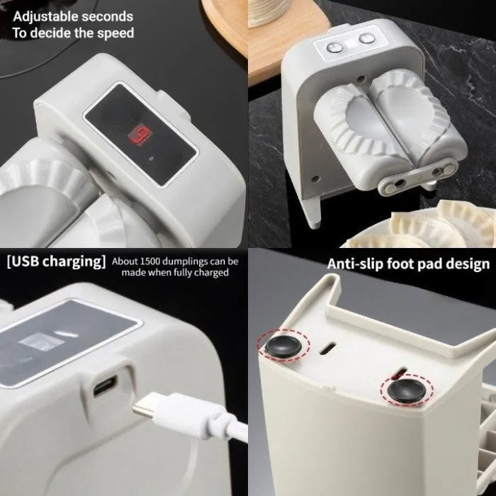 White automatic electric dumpling maker machine with USB cable and accessories on a kitchen counter.