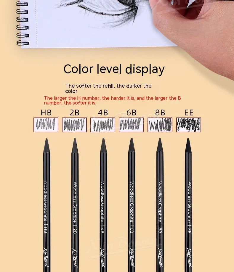 Set of six wood-free graphite full lead sketching pencils in a range of grades from HB to EE.