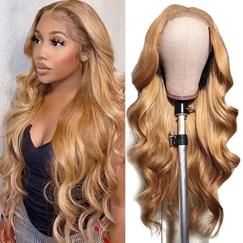 Synthetic wig with big golden wave curls and side bangs in light brown colour