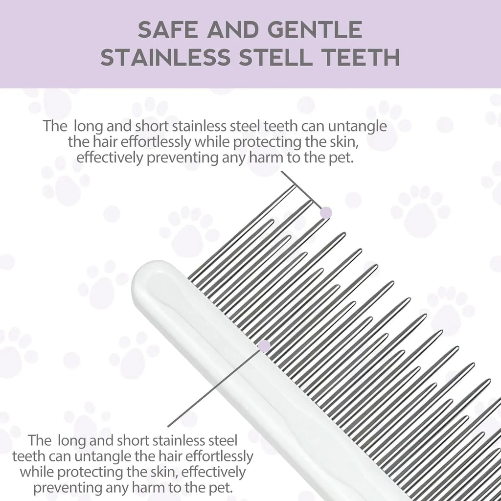 Purple pet grooming comb with stainless steel long and short teeth on a wooden surface.